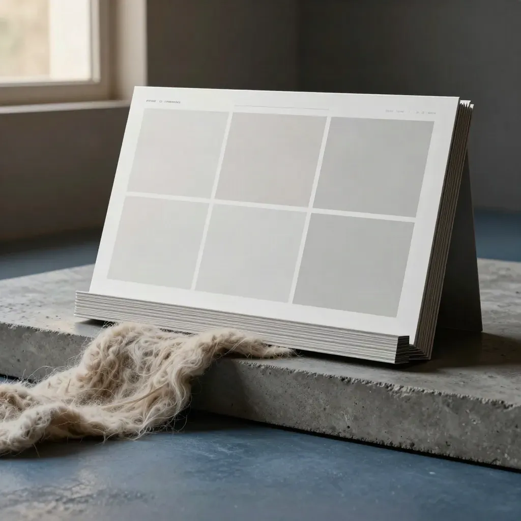 Oversized website mockup boards half-sunk in wool beside concrete, lit dramatically in a dark studio.