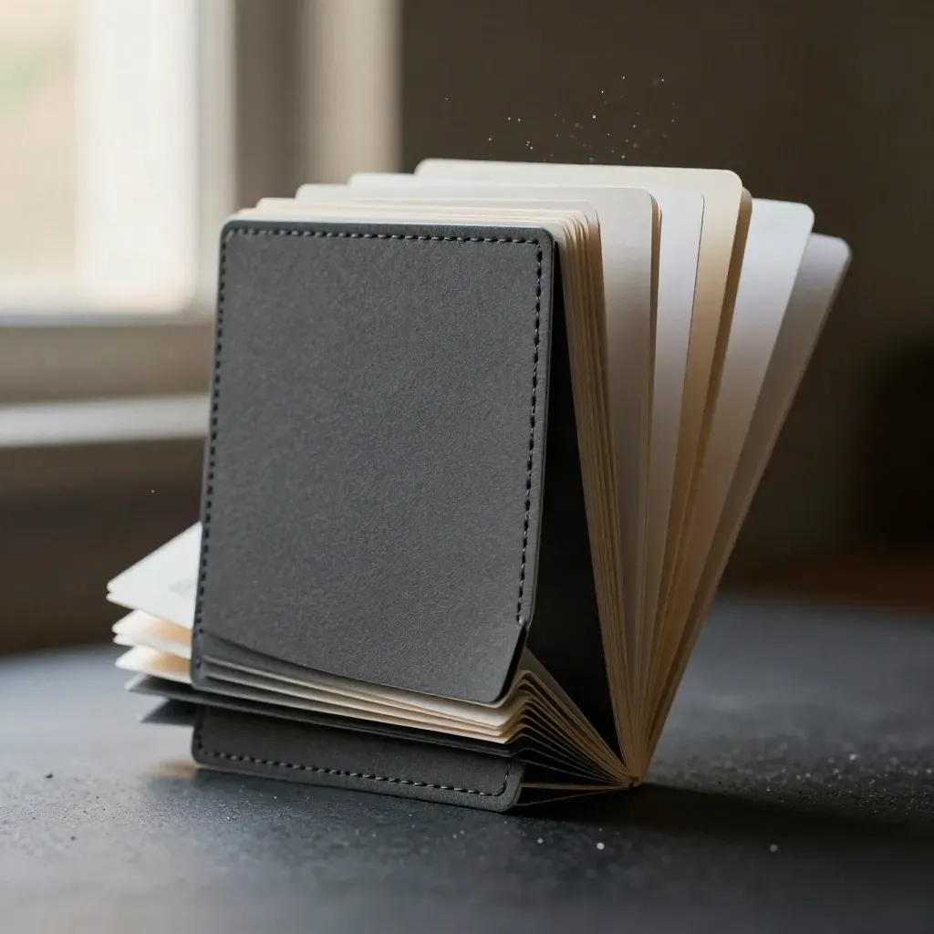 Floating graphite brand folio with cards and swatches, lit with a soft rim on a dark ground.