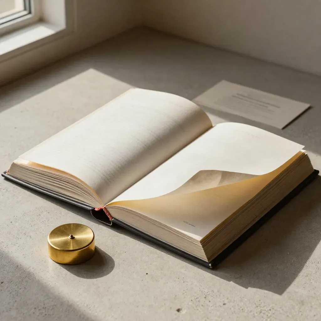 Half-open brand guidelines book with tabs, colour sheet and brass paperweight on pale concrete.