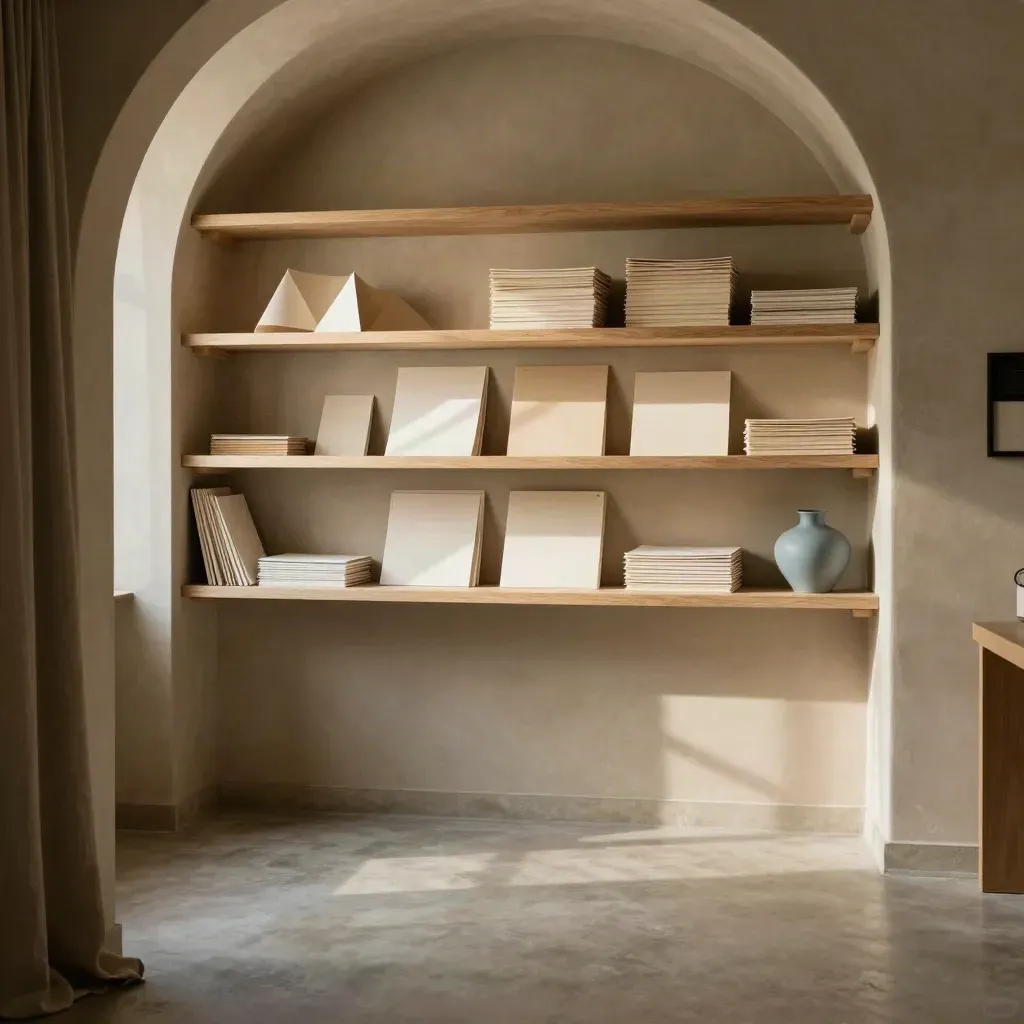 Arched studio corner with oak shelving, linen curtain, paper sculpture, and calm copy space.